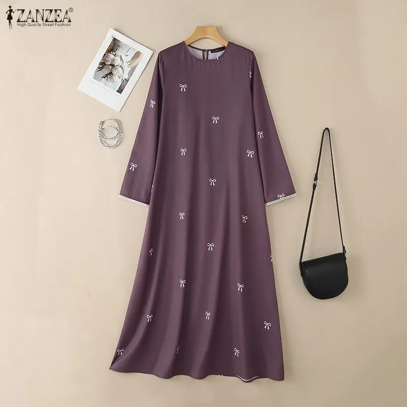 ZANZEA Muslim Modest Bow Printing Maxi Dress Women's O-Neck Lace Trim Long Sleeve Loose Abaya Islamic Hijabi Ramadan Robes Femme