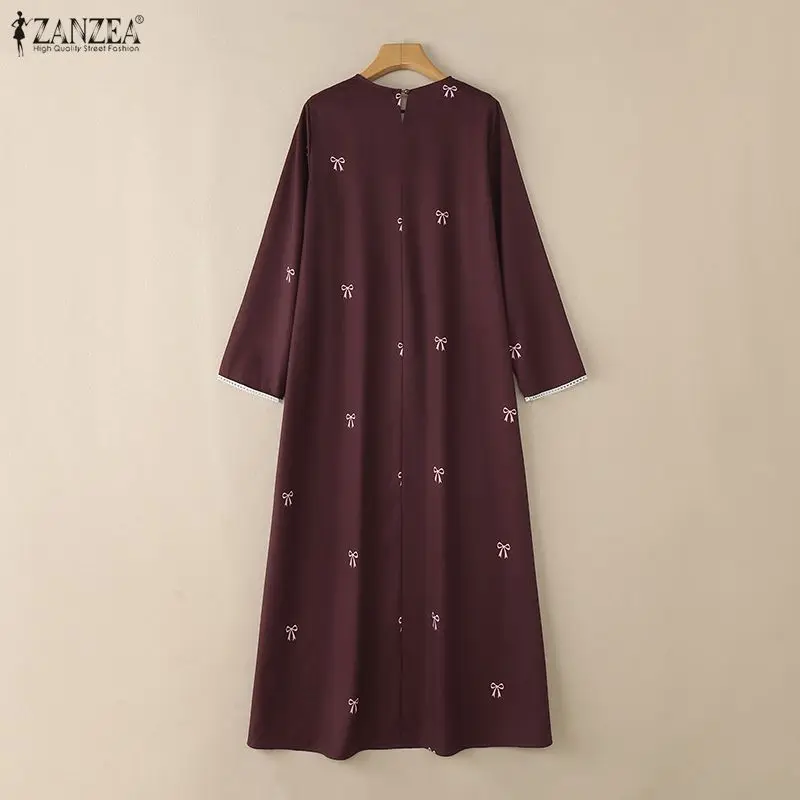 ZANZEA Muslim Modest Bow Printing Maxi Dress Women's O-Neck Lace Trim Long Sleeve Loose Abaya Islamic Hijabi Ramadan Robes Femme