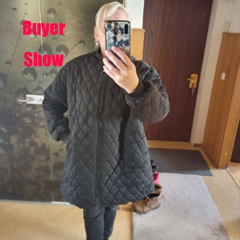 Women's Cotton Padded Parkas, Long Sleeve, Anti-Static Zipper, Wadded Jacket, Argyle Coat, Plus Size Clothing, Autumn, Winter
