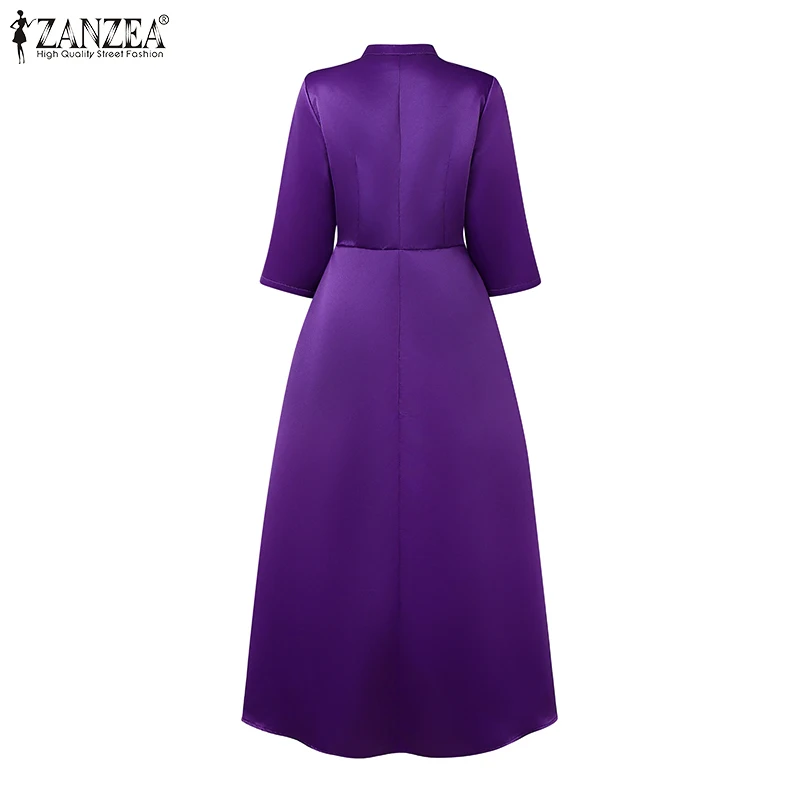 ZANZEA Elegant Women Party Maxi Dresses 2025 Autumn Fashion Stand Collar 3/4 Sleeve Half-Button Fitted Waist A-Line Robes Femme