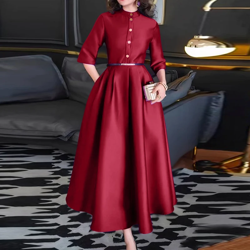 ZANZEA Elegant Women Party Maxi Dresses 2025 Autumn Fashion Stand Collar 3/4 Sleeve Half-Button Fitted Waist A-Line Robes Femme