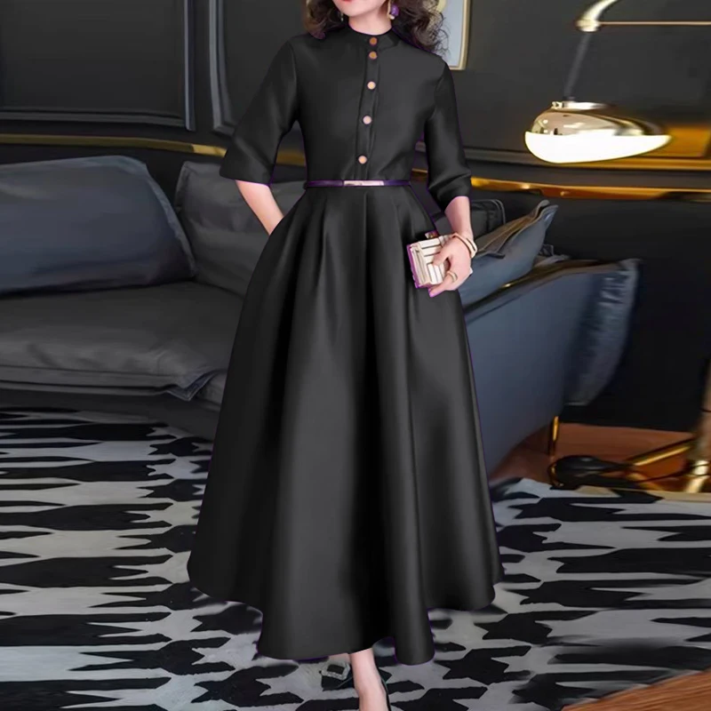 ZANZEA Elegant Women Party Maxi Dresses 2025 Autumn Fashion Stand Collar 3/4 Sleeve Half-Button Fitted Waist A-Line Robes Femme