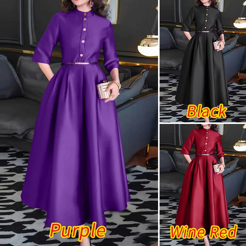 ZANZEA Elegant Women Party Maxi Dresses 2025 Autumn Fashion Stand Collar 3/4 Sleeve Half-Button Fitted Waist A-Line Robes Femme