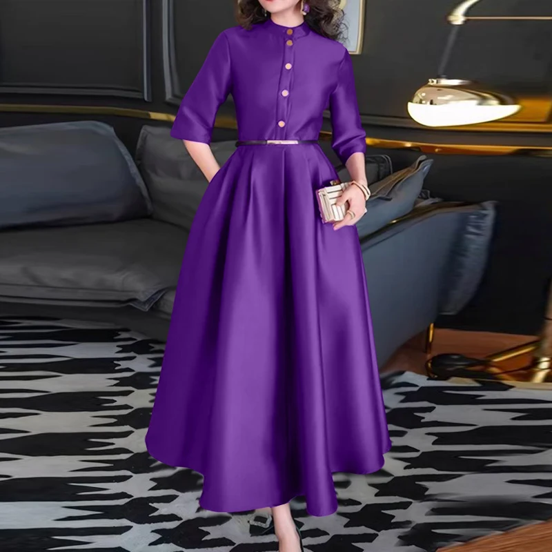 ZANZEA Elegant Women Party Maxi Dresses 2025 Autumn Fashion Stand Collar 3/4 Sleeve Half-Button Fitted Waist A-Line Robes Femme