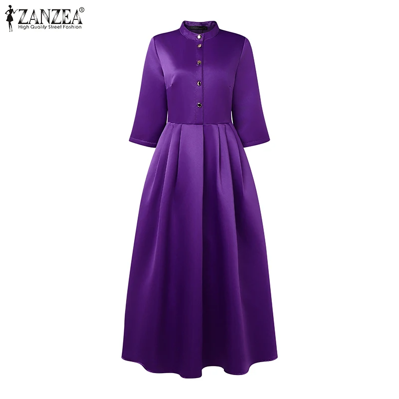ZANZEA Elegant Women Party Maxi Dresses 2025 Autumn Fashion Stand Collar 3/4 Sleeve Half-Button Fitted Waist A-Line Robes Femme