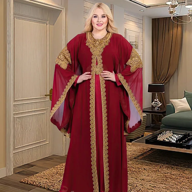 Party Dresses for Women Abaya Muslim Caftan 2 Piece Set Eid Flare Sleeves Robe Embroidered Gold Lace Dress Suit Jalabiya Ramadan