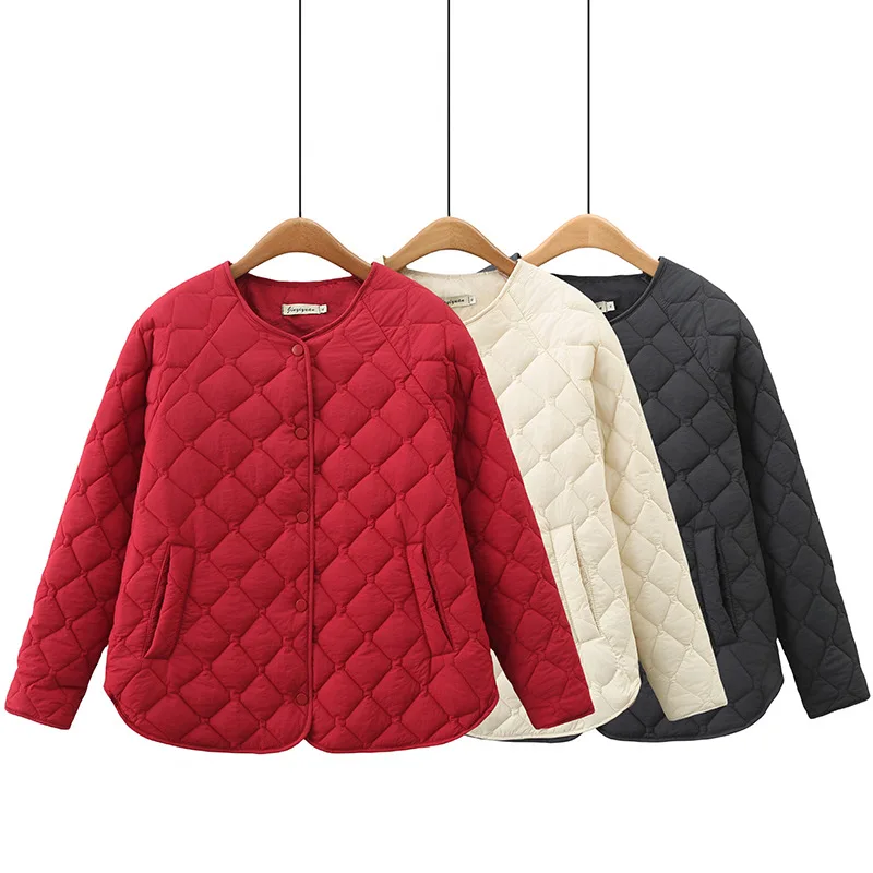 Simple Raglan Sleeve Thin Parkas Women Autumn Winter Plus Size Casual Clothing Argyle Padded Coat Thermal Quilted Jacket