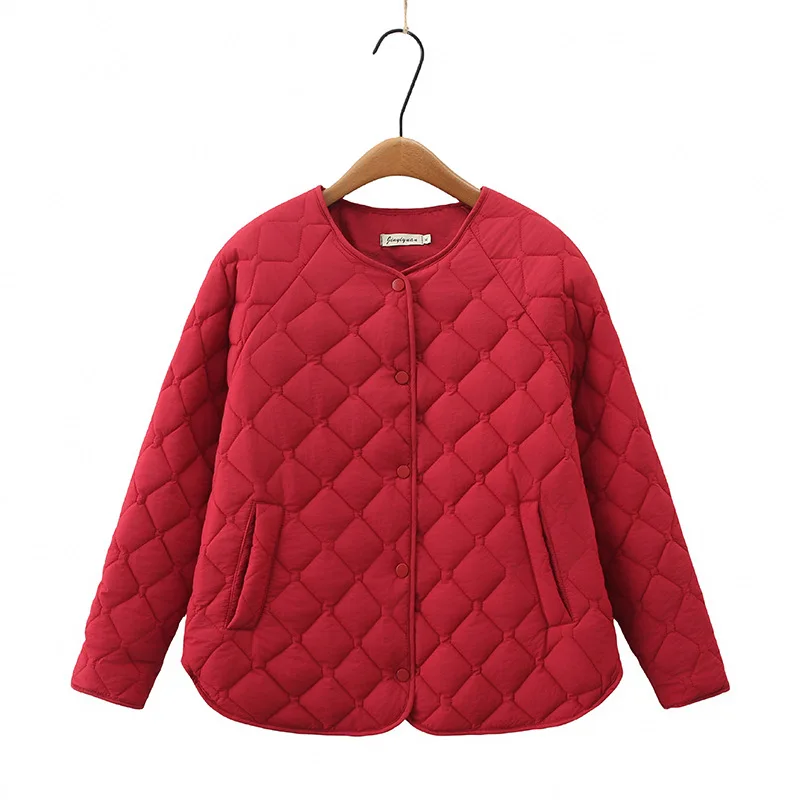 Simple Raglan Sleeve Thin Parkas Women Autumn Winter Plus Size Casual Clothing Argyle Padded Coat Thermal Quilted Jacket