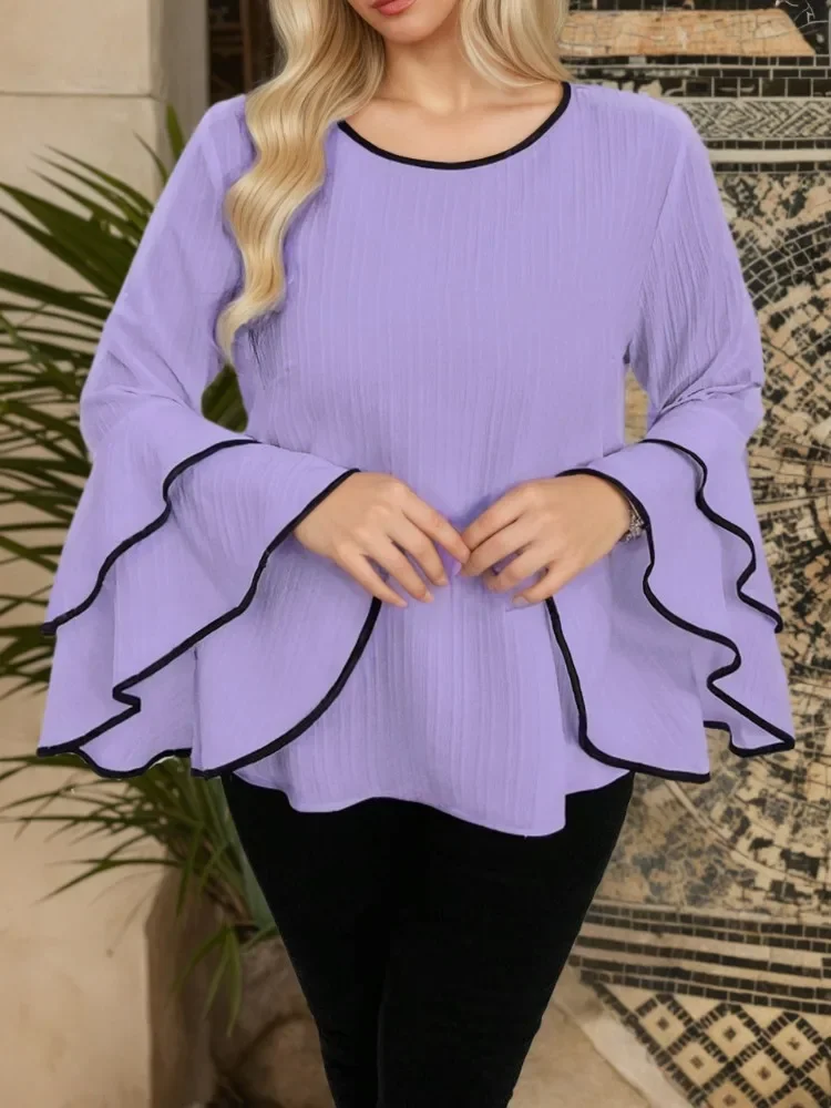 Plus Size Women Shirts 2025 New Relaxed Casual Loose Solid Color New Spring/summer Crew-neck Flared Long-sleeved Top Office Wear