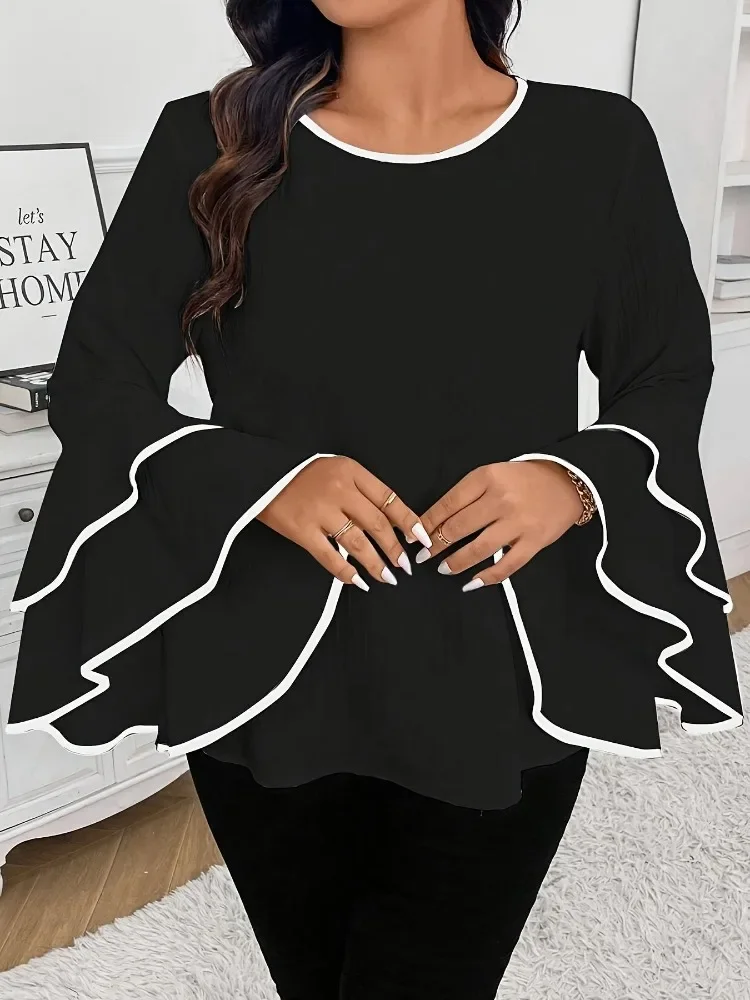 Plus Size Women Shirts 2025 New Relaxed Casual Loose Solid Color New Spring/summer Crew-neck Flared Long-sleeved Top Office Wear