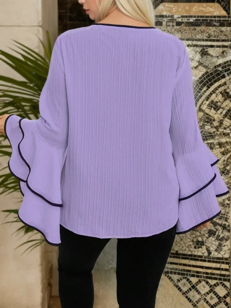 Plus Size Women Shirts 2025 New Relaxed Casual Loose Solid Color New Spring/summer Crew-neck Flared Long-sleeved Top Office Wear
