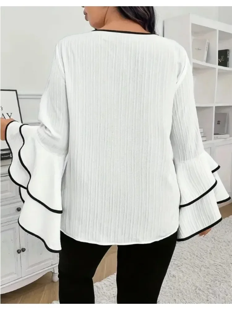 Plus Size Women Shirts 2025 New Relaxed Casual Loose Solid Color New Spring/summer Crew-neck Flared Long-sleeved Top Office Wear