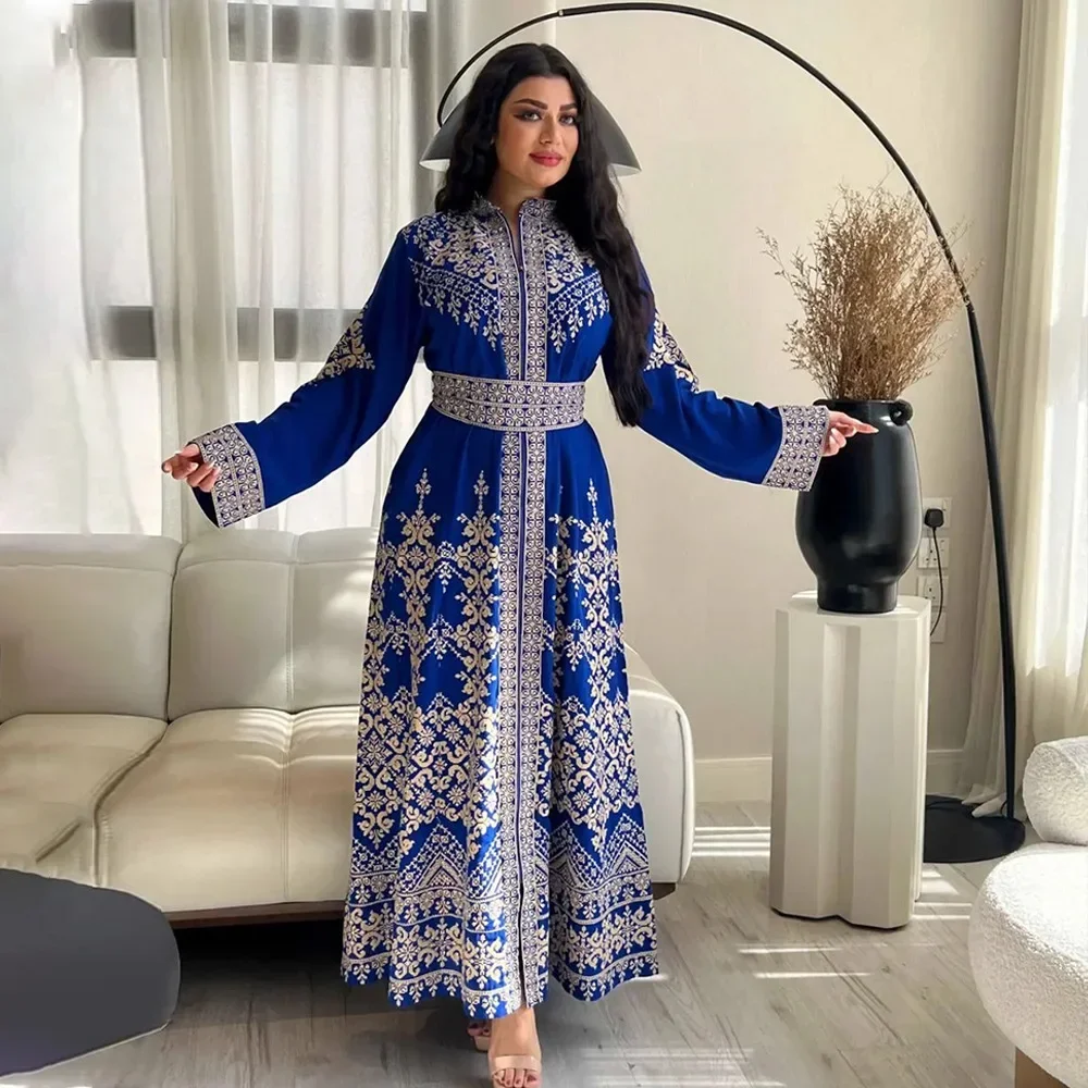 Ramdan Eid Print Jalabiya Muslim Women Zipper Long Dress Robe Dubai Abaya Outfits Kaftan Ethnic Islam Clothing Caftan Dresses