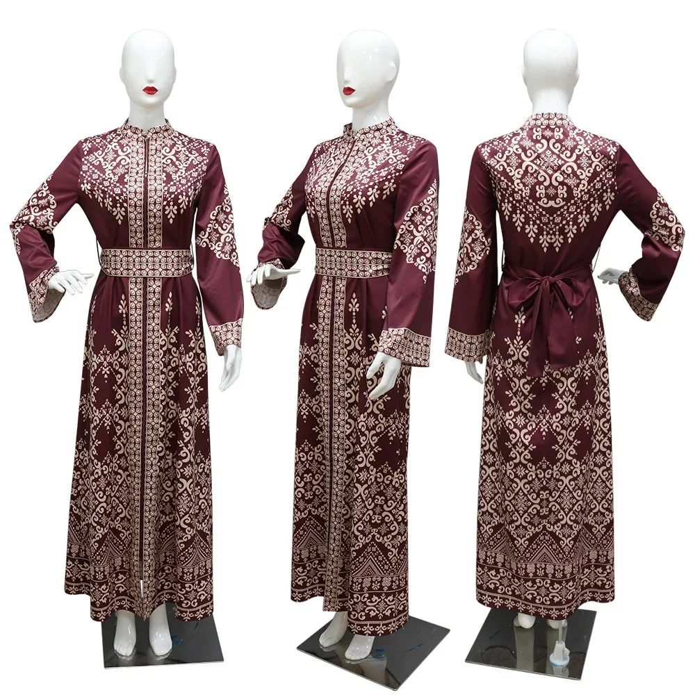 Ramdan Eid Print Jalabiya Muslim Women Zipper Long Dress Robe Dubai Abaya Outfits Kaftan Ethnic Islam Clothing Caftan Dresses