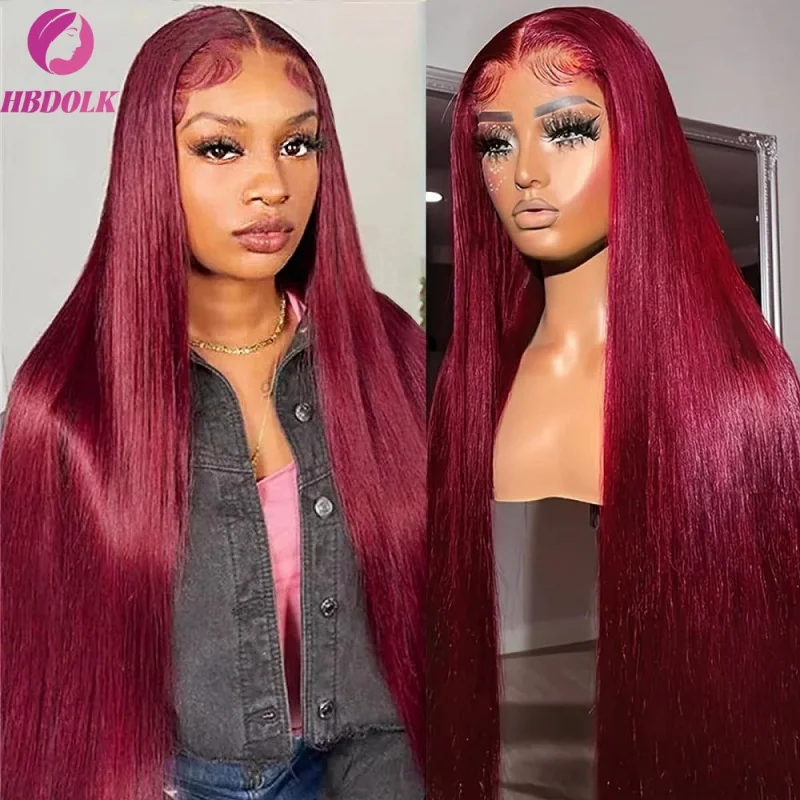 99J Burgundy 13x4 HD Lace 30 34 Inch Brazilian Front Wigs Human Hair Wig Red Color Straight 13X4 Lace Frontal Wig For Women