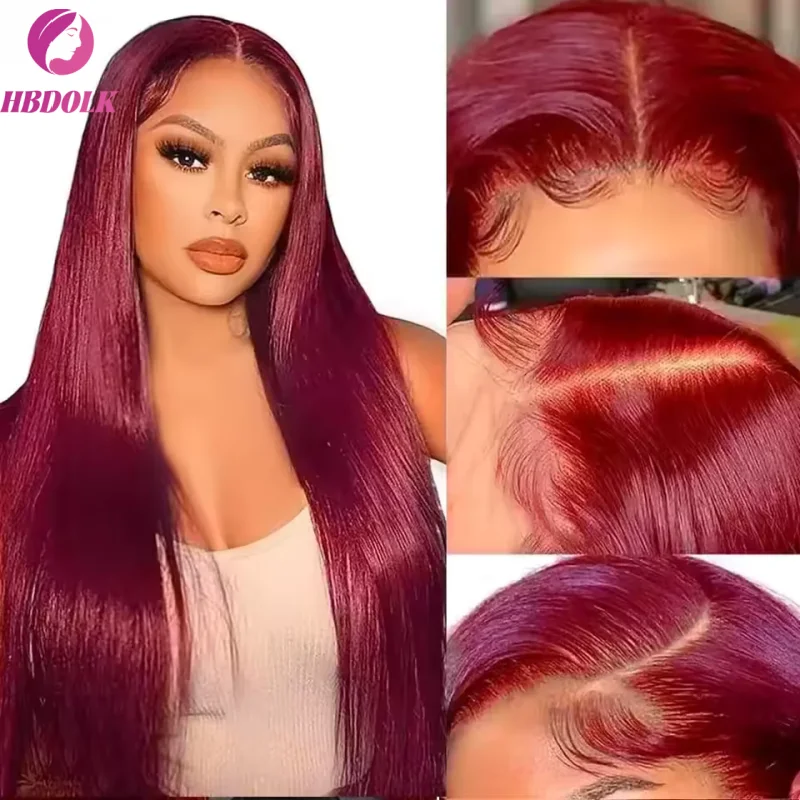 99J Burgundy 13x4 HD Lace 30 34 Inch Brazilian Front Wigs Human Hair Wig Red Color Straight 13X4 Lace Frontal Wig For Women