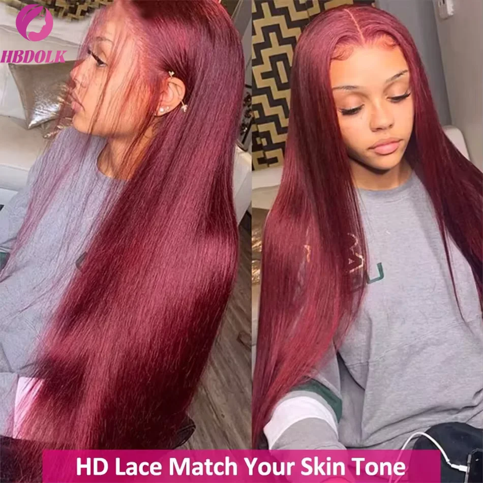 99J Burgundy 13x4 HD Lace 30 34 Inch Brazilian Front Wigs Human Hair Wig Red Color Straight 13X4 Lace Frontal Wig For Women