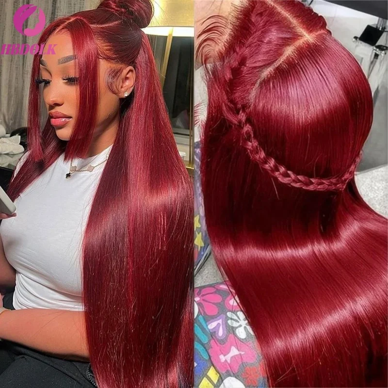 99J Burgundy 13x4 HD Lace 30 34 Inch Brazilian Front Wigs Human Hair Wig Red Color Straight 13X4 Lace Frontal Wig For Women