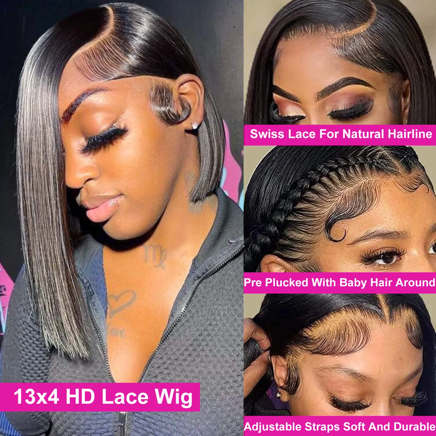 Short Straight Bob Wig Human Hair Wig 13x4 Hd Lace Front Wig 4x4 Closure Wig 230% Density Cheap Wig Natural Black 12 14 16 inch
