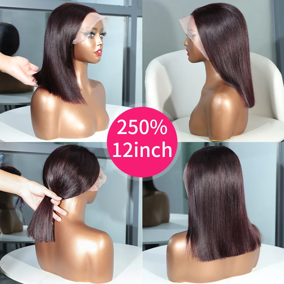 13x6 13x4 Frontal Bob 100%Human Hair Lace Front Wig Dark 99J Burgundy Square Cut Raw Vietnamese Bone Straight 250% Pre Plucked