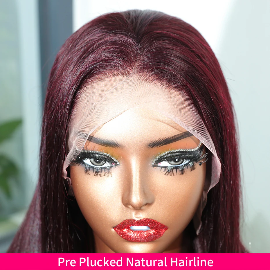 13x6 13x4 Frontal Bob 100%Human Hair Lace Front Wig Dark 99J Burgundy Square Cut Raw Vietnamese Bone Straight 250% Pre Plucked