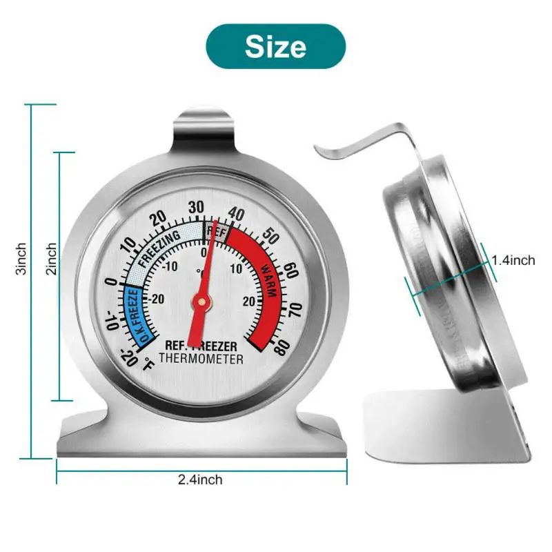 Refrigerator Freezer Thermometer Fridge Refrigeration Temperature Gauge Home Stainless Steel Temp Stand Dial Type -20 to 20°C
