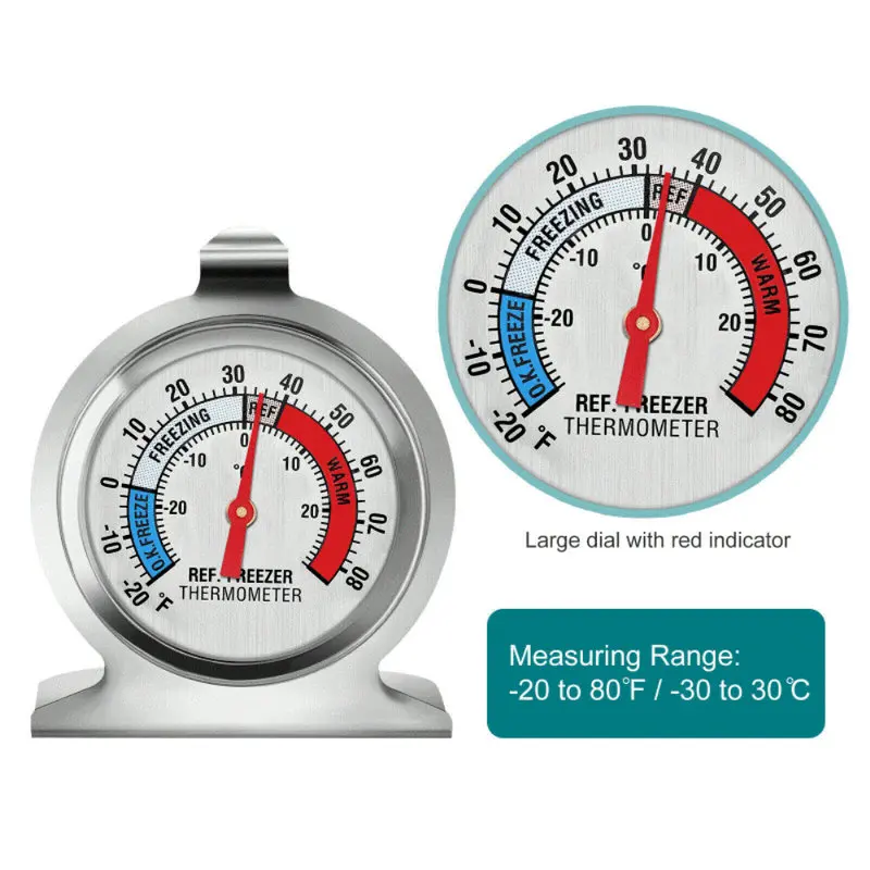 Refrigerator Freezer Thermometer Fridge Refrigeration Temperature Gauge Home Stainless Steel Temp Stand Dial Type -20 to 20°C