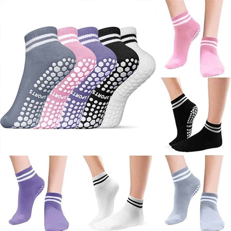 3 Pairs Yoga Socks for Women Non Slip Pilates Grip Socks with Double Stripes Ankle Sport Workout Ballet Athletic Socks