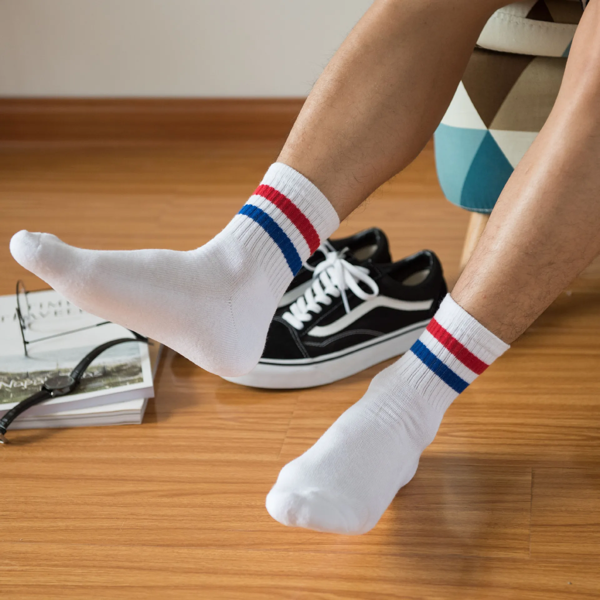 Vintage Two Stripes Sports Cotton Men Ankle Socks Streetwear Hiphop Skate Hiphop Athletic White Black School Designer Punk Boy