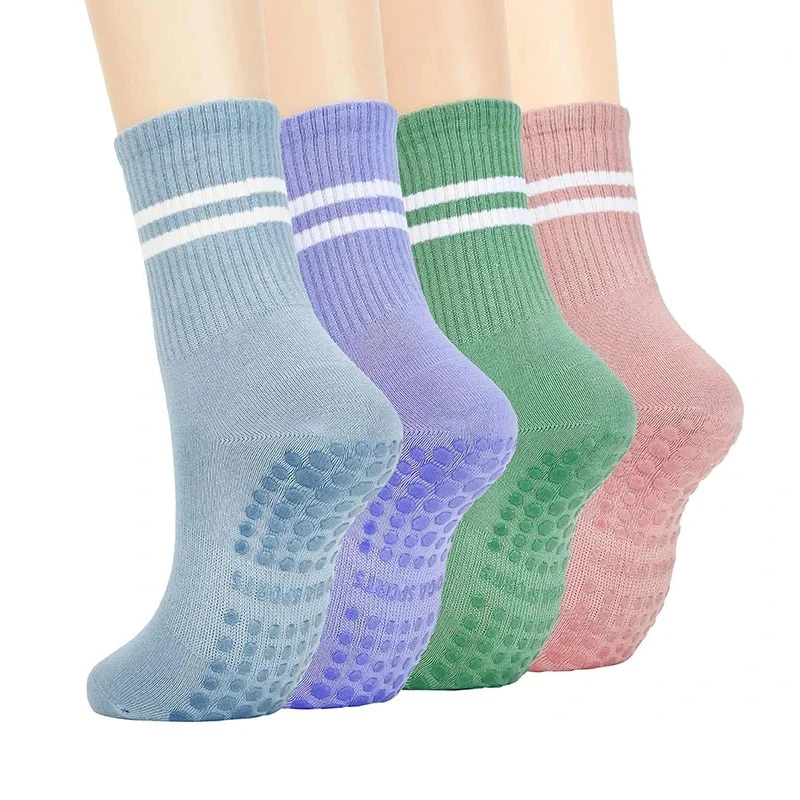 4 Pairs Women Anti-skid Yoga Socks Grips Cotton Mid-tube Bottom Breathable Fitness Dance Barre Workout Pilates Socks Striped Gym