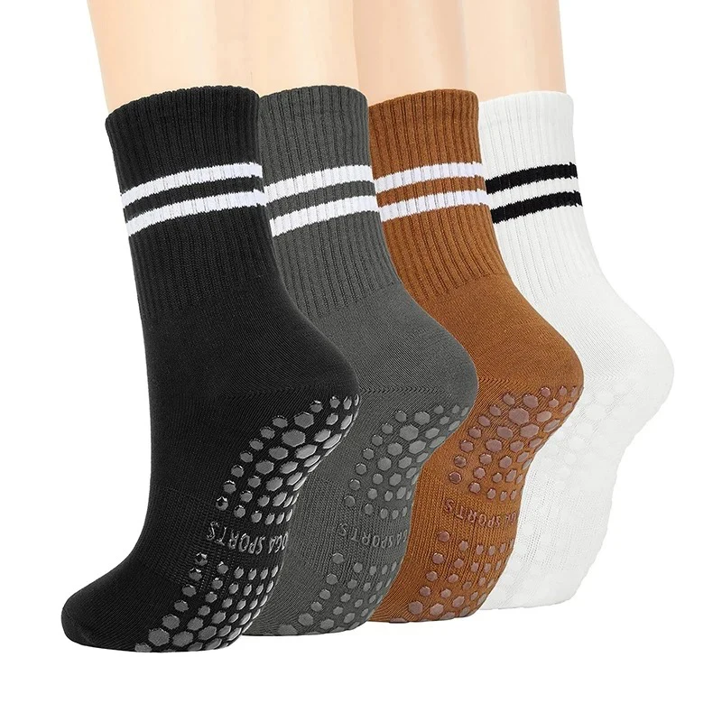 4 Pairs Women Anti-skid Yoga Socks Grips Cotton Mid-tube Bottom Breathable Fitness Dance Barre Workout Pilates Socks Striped Gym