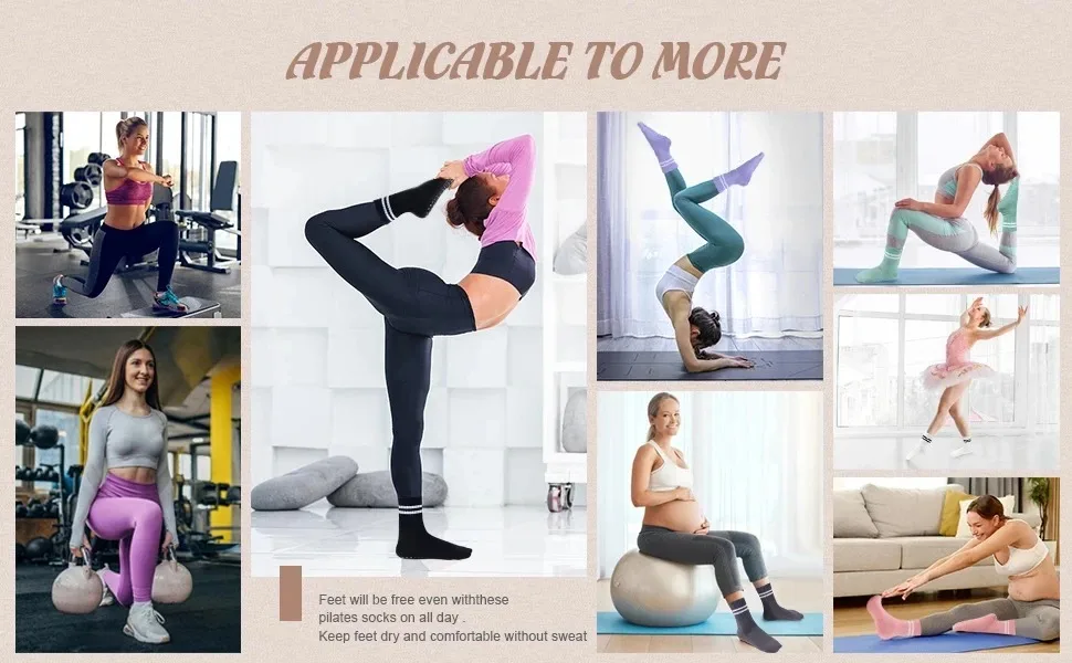 4 Pairs Women Anti-skid Yoga Socks Grips Cotton Mid-tube Bottom Breathable Fitness Dance Barre Workout Pilates Socks Striped Gym