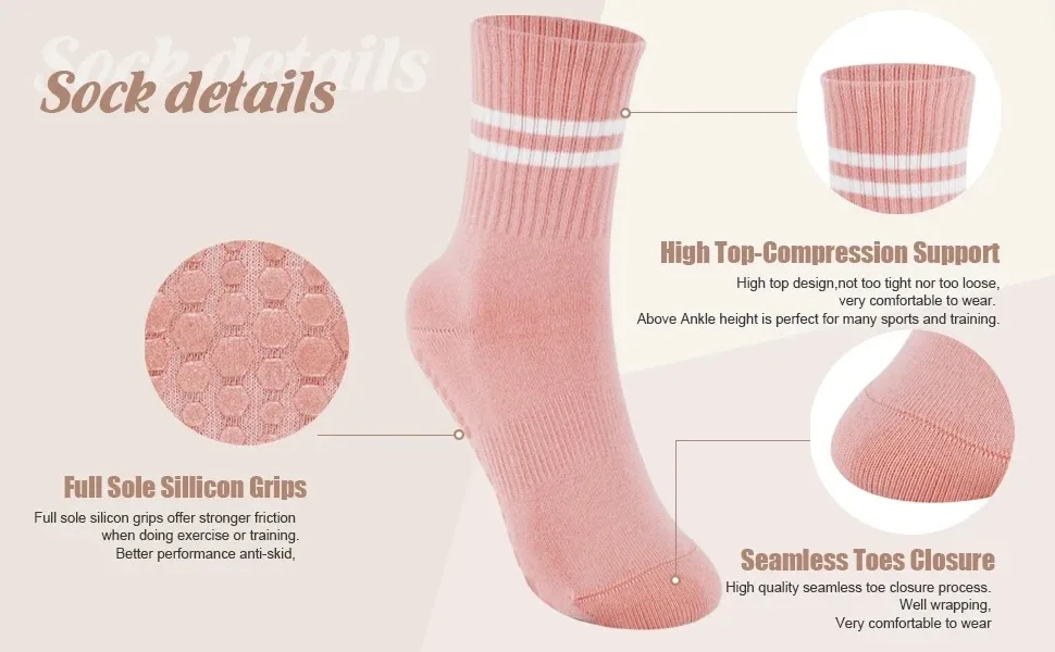 4 Pairs Women Anti-skid Yoga Socks Grips Cotton Mid-tube Bottom Breathable Fitness Dance Barre Workout Pilates Socks Striped Gym