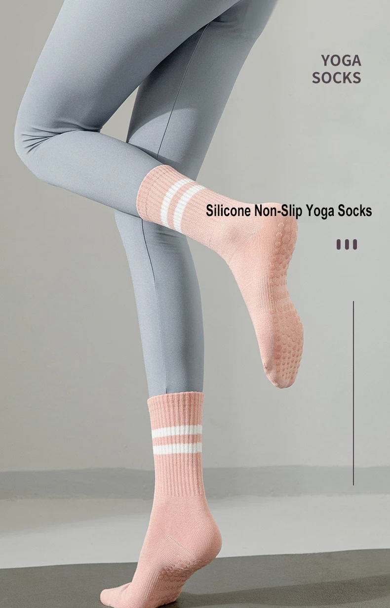 4 Pairs Women Anti-skid Yoga Socks Grips Cotton Mid-tube Bottom Breathable Fitness Dance Barre Workout Pilates Socks Striped Gym