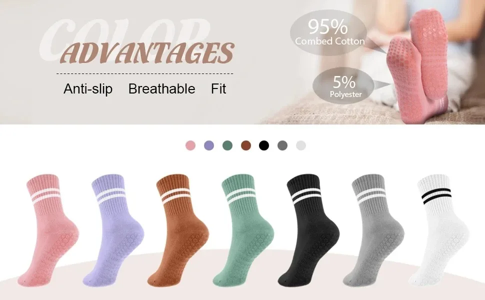 4 Pairs Women Anti-skid Yoga Socks Grips Cotton Mid-tube Bottom Breathable Fitness Dance Barre Workout Pilates Socks Striped Gym