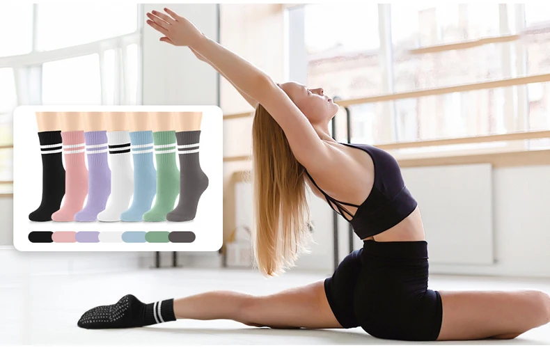 4 Pairs Women Anti-skid Yoga Socks Grips Cotton Mid-tube Bottom Breathable Fitness Dance Barre Workout Pilates Socks Striped Gym