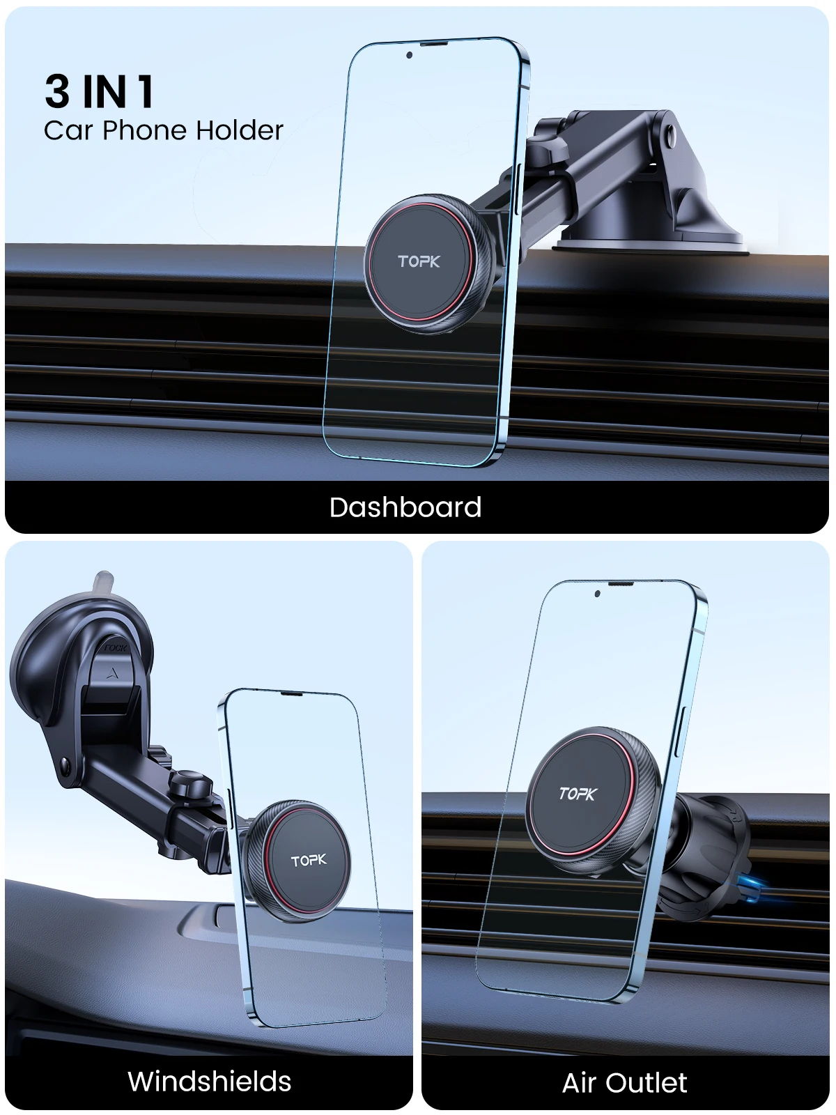 TOPK Magnetic Car Phone Holder Strong Suction Cup Mount Dashboard Windshield Stand Long Arm 360° Adjustable Mobile Phone Holder