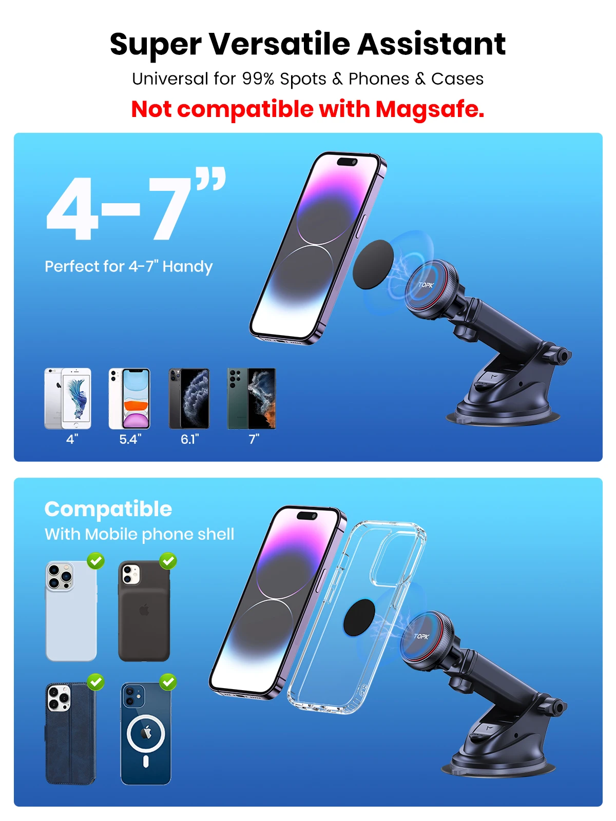 TOPK Magnetic Car Phone Holder Strong Suction Cup Mount Dashboard Windshield Stand Long Arm 360° Adjustable Mobile Phone Holder