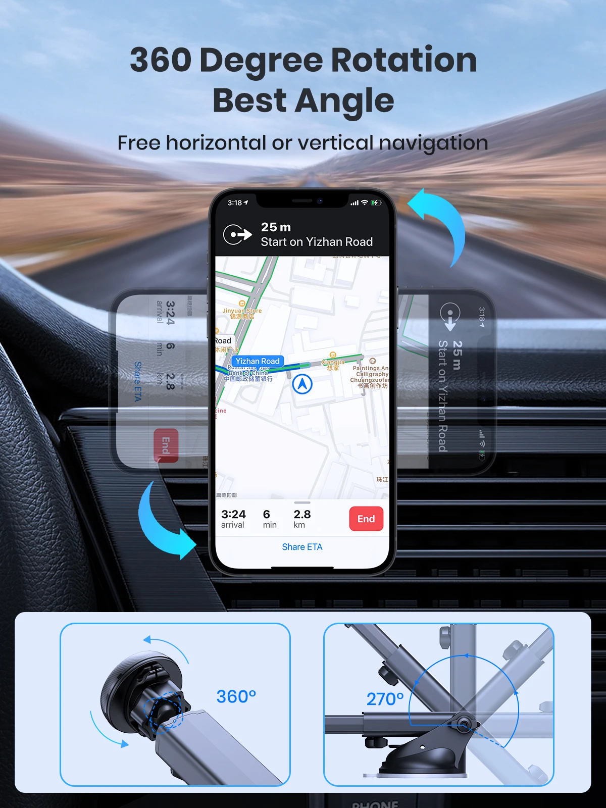 TOPK Magnetic Car Phone Holder Strong Suction Cup Mount Dashboard Windshield Stand Long Arm 360° Adjustable Mobile Phone Holder