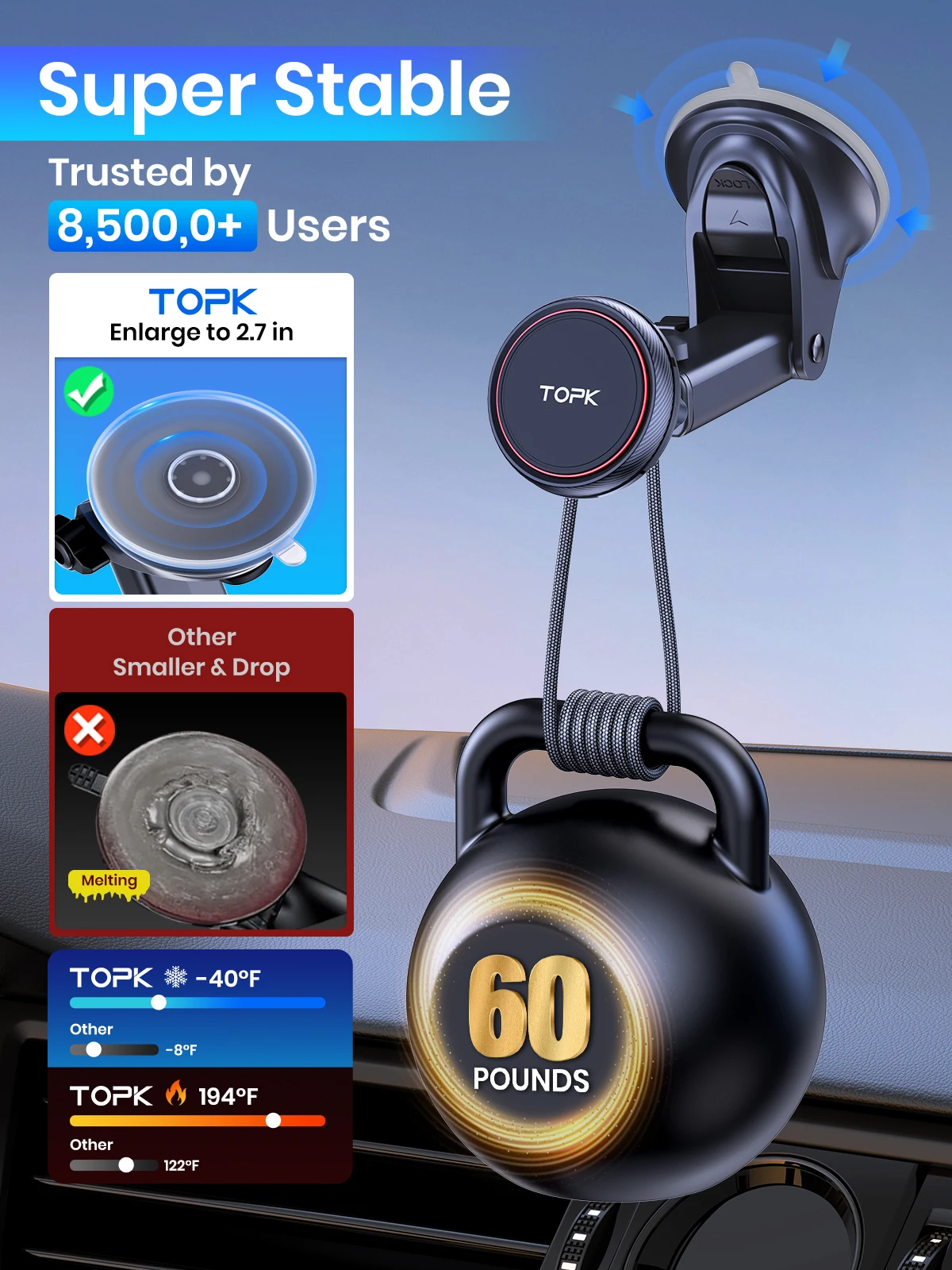 TOPK Magnetic Car Phone Holder Strong Suction Cup Mount Dashboard Windshield Stand Long Arm 360° Adjustable Mobile Phone Holder
