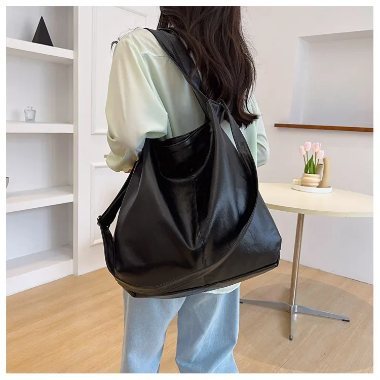 Big Black Shoulder Bags for Women Large Hobo Shopper Bag Solid Color Quality Soft Leather Crossbody Handbag Lady Travel Tote Bag