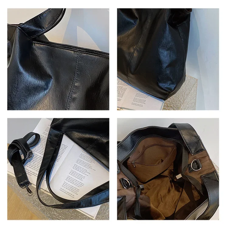 Big Black Shoulder Bags for Women Large Hobo Shopper Bag Solid Color Quality Soft Leather Crossbody Handbag Lady Travel Tote Bag