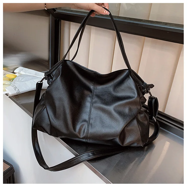 Big Black Shoulder Bags for Women Large Hobo Shopper Bag Solid Color Quality Soft Leather Crossbody Handbag Lady Travel Tote Bag