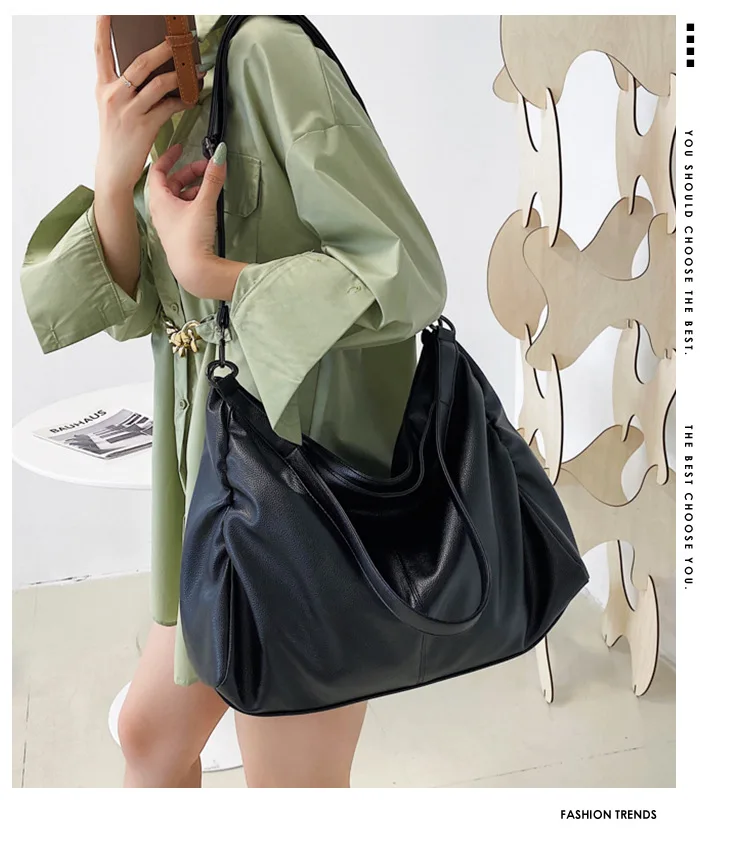 Big Black Shoulder Bags for Women Large Hobo Shopper Bag Solid Color Quality Soft Leather Crossbody Handbag Lady Travel Tote Bag