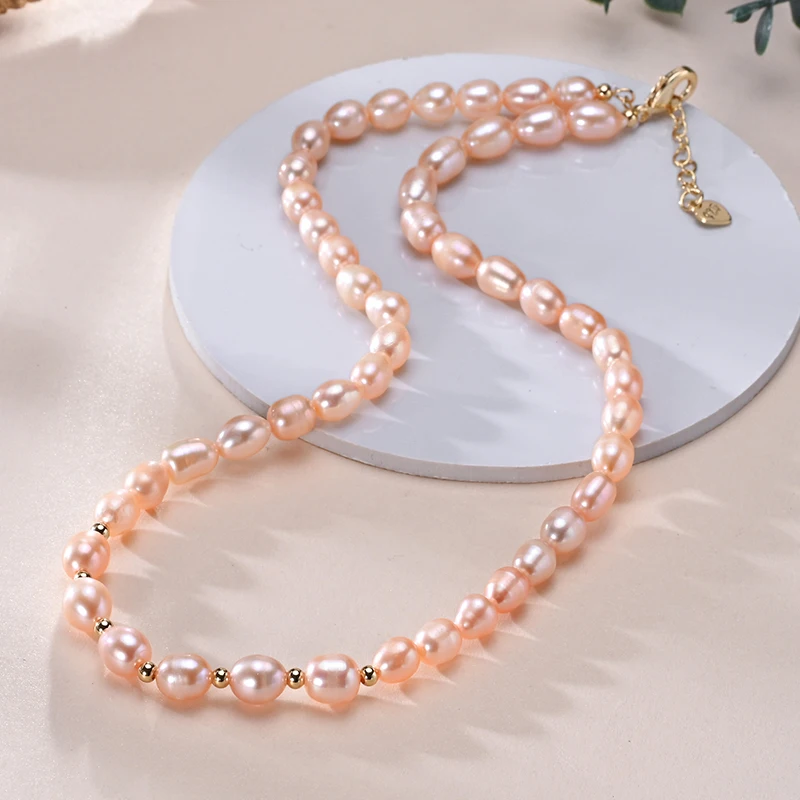 Natural Freshwater Pearls Rice Shape Multicolored Necklace Golden Beads S925 Sterling Silver Chain Fine Jewelry Gifts for Women