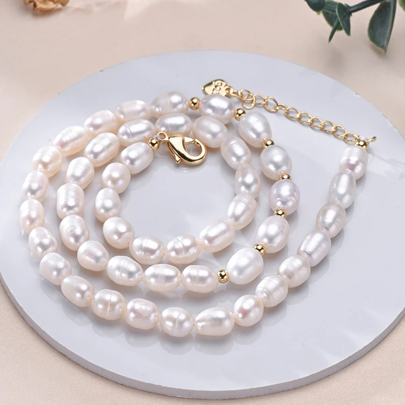Natural Freshwater Pearls Rice Shape Multicolored Necklace Golden Beads S925 Sterling Silver Chain Fine Jewelry Gifts for Women