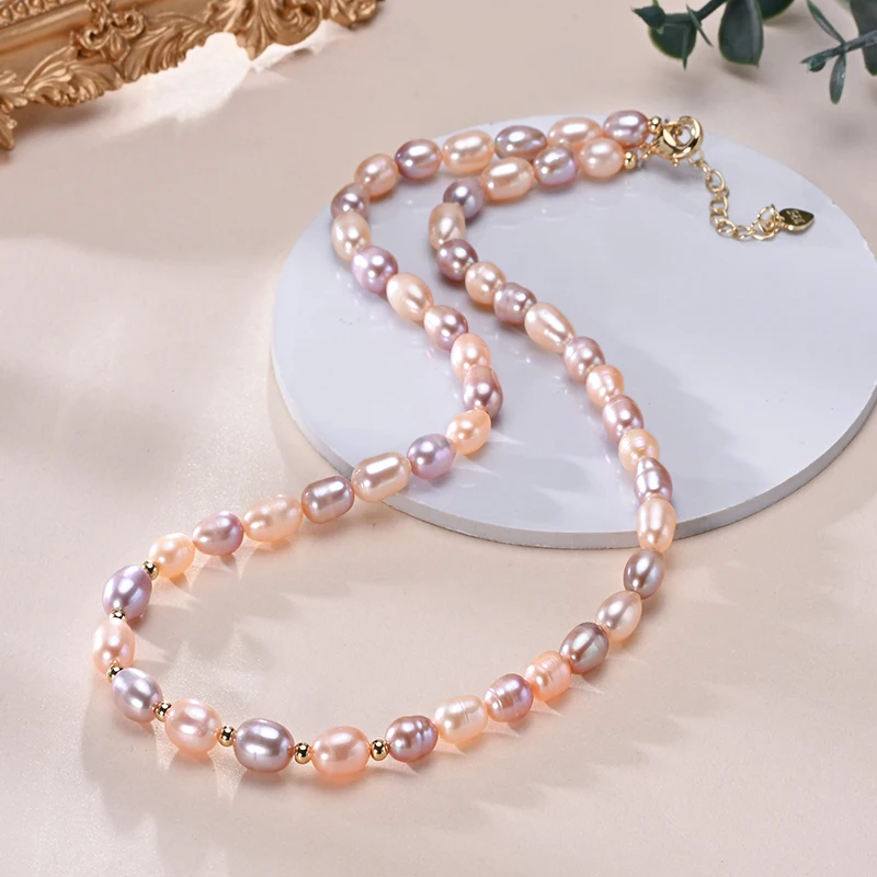 Natural Freshwater Pearls Rice Shape Multicolored Necklace Golden Beads S925 Sterling Silver Chain Fine Jewelry Gifts for Women