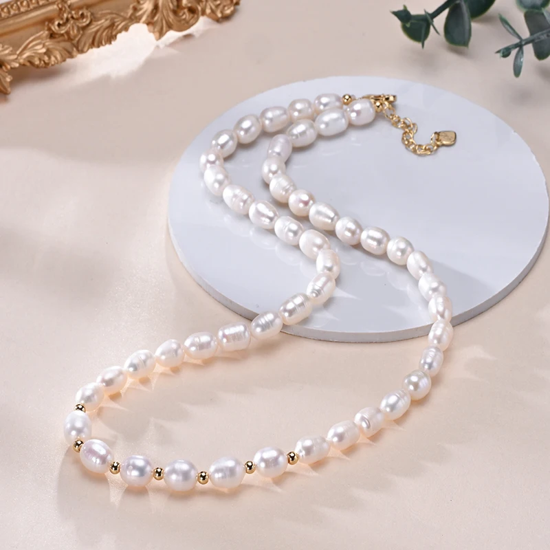 Natural Freshwater Pearls Rice Shape Multicolored Necklace Golden Beads S925 Sterling Silver Chain Fine Jewelry Gifts for Women