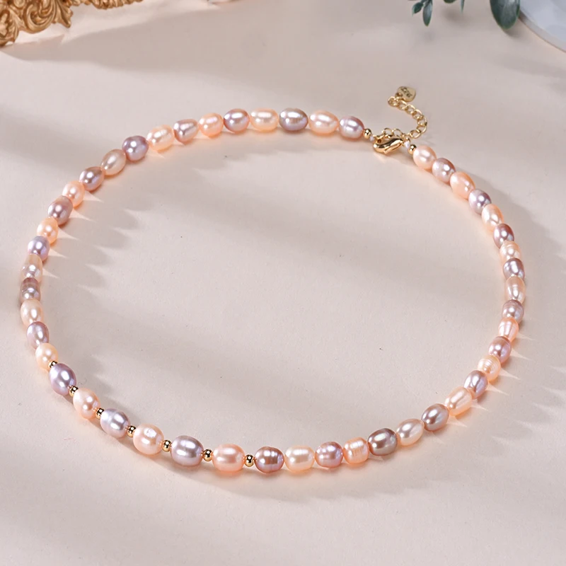 Natural Freshwater Pearls Rice Shape Multicolored Necklace Golden Beads S925 Sterling Silver Chain Fine Jewelry Gifts for Women