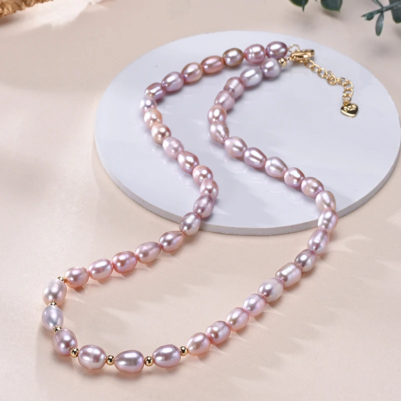 Natural Freshwater Pearls Rice Shape Multicolored Necklace Golden Beads S925 Sterling Silver Chain Fine Jewelry Gifts for Women